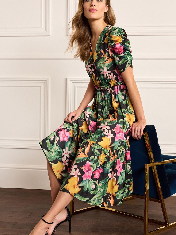 Floral Ruched Sleeve Satin Midi Dress - Image 1 of 5