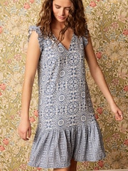 Morris & Co. St James Print Ruffle Sleeve Tie Back Mini Dress With Linen - Image 1 of 5