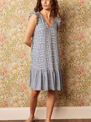 Morris & Co. St James Print Ruffle Sleeve Tie Back Mini Dress With Linen - Image 3 of 5