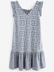 Morris & Co. St James Print Ruffle Sleeve Tie Back Mini Dress With Linen - Image 5 of 5