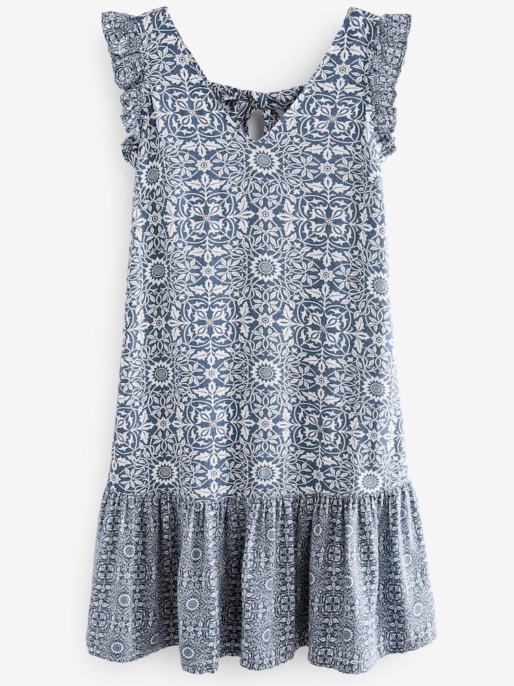Morris & Co. St James Print Ruffle Sleeve Tie Back Mini Dress With Linen - Image 5 of 5