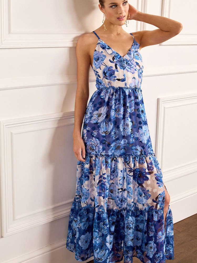 Blue/White Floral Maxi Tiered Ruffle Dress - Image 1 of 5
