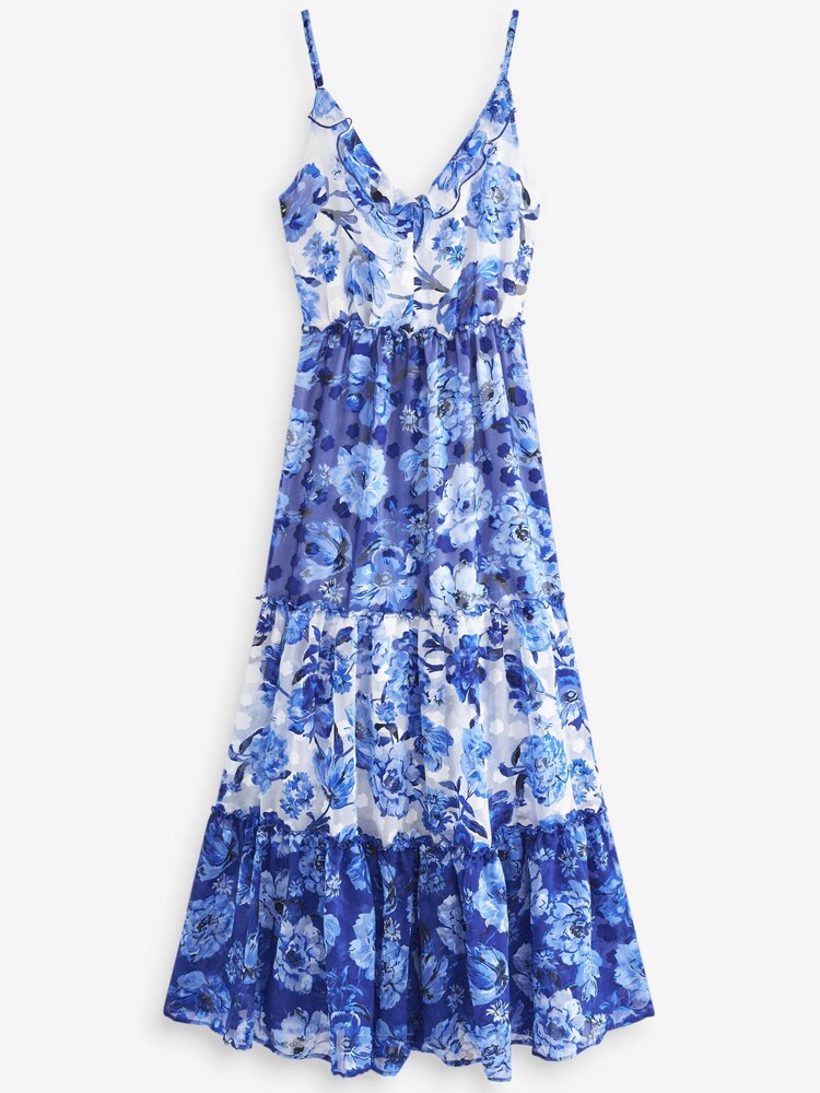 Blue/White Floral Maxi Tiered Ruffle Dress - Image 5 of 5
