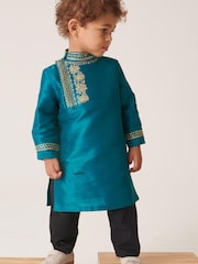 Teal Blue/Gold Regular Length Embroidered Boys Kurta (3mths-7yrs) - Image 1 of 7
