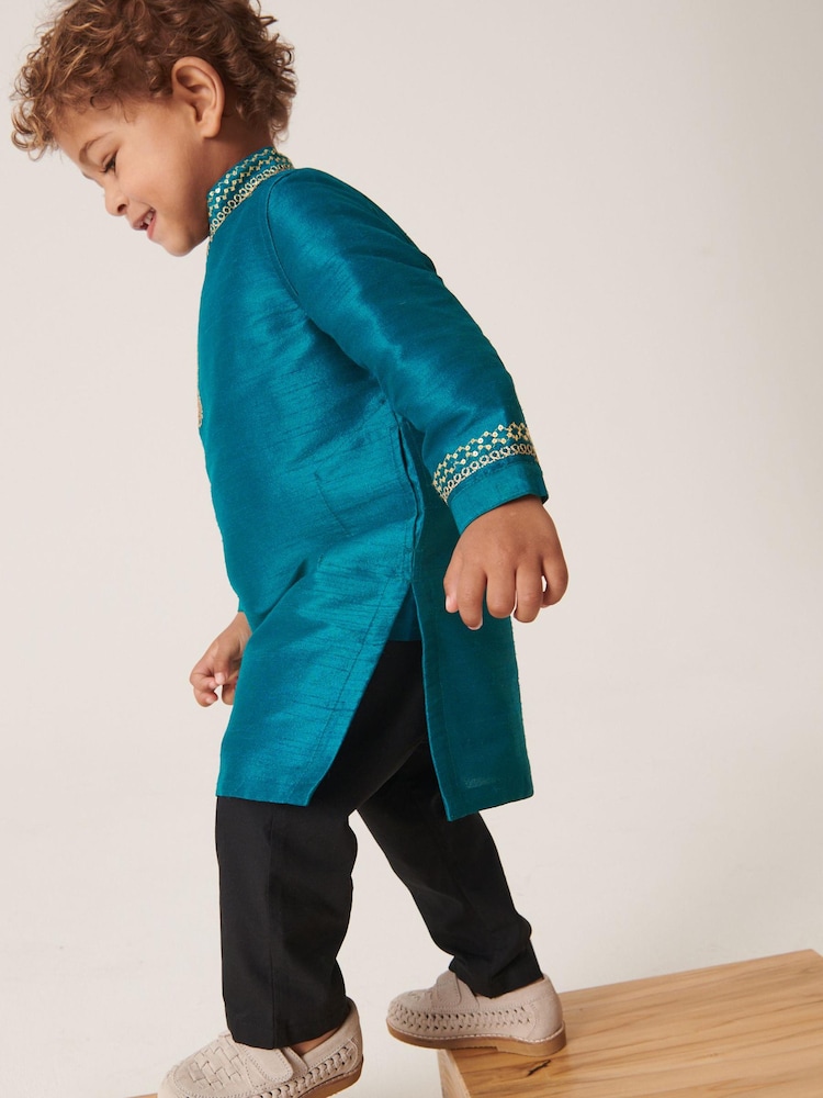 Teal Blue/Gold Regular Length Embroidered Boys Kurta (3mths-7yrs) - Image 2 of 7