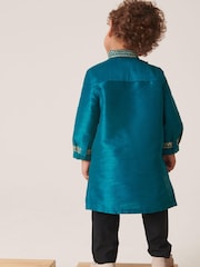 Teal Blue/Gold Regular Length Embroidered Boys Kurta (3mths-7yrs) - Image 3 of 7