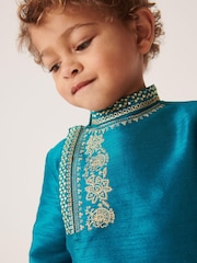 Teal Blue/Gold Regular Length Embroidered Boys Kurta (3mths-7yrs) - Image 4 of 7