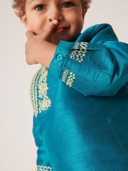 Teal Blue/Gold Regular Length Embroidered Boys Kurta (3mths-7yrs) - Image 5 of 7
