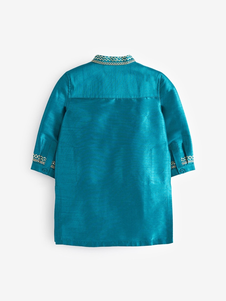 Teal Blue/Gold Regular Length Embroidered Boys Kurta (3mths-7yrs) - Image 7 of 7