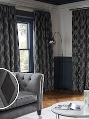 Charcoal Grey Next Collection Luxe Heavyweight Geometric Cut Velvet Pencil Pleat Lined Curtains - Image 1 of 4