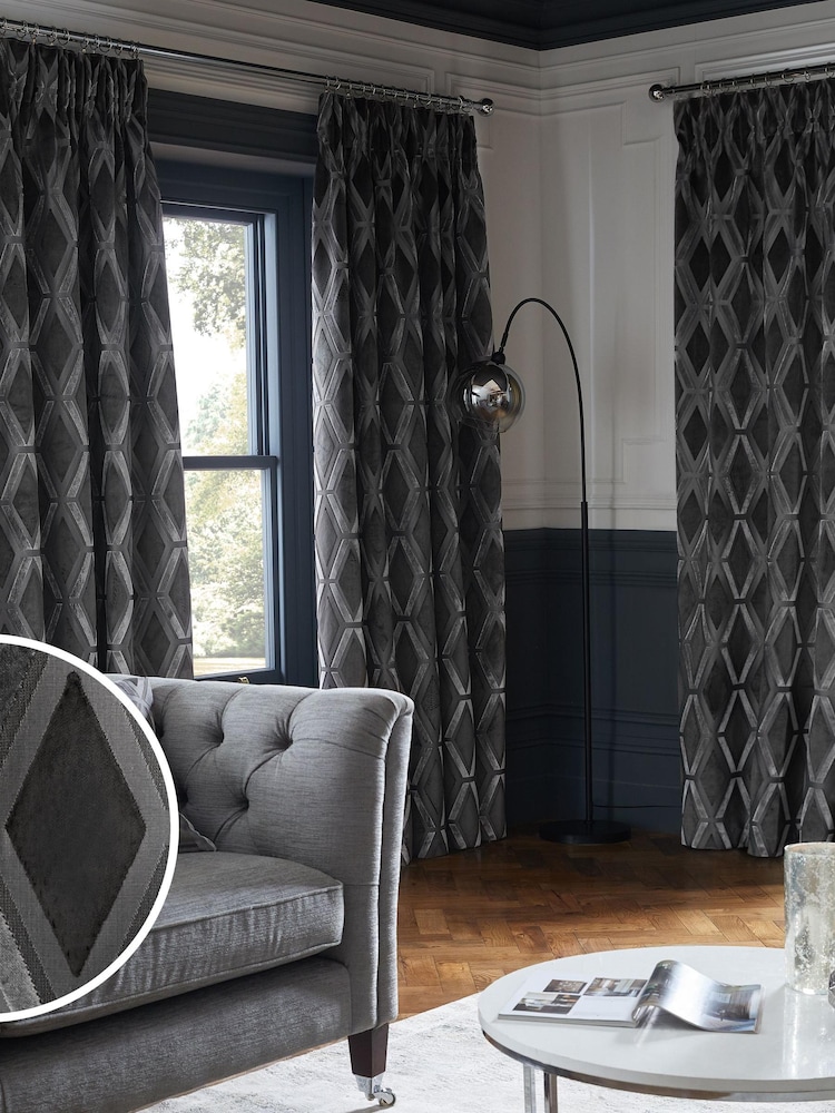 Charcoal Grey Next Collection Luxe Heavyweight Geometric Cut Velvet Pencil Pleat Lined Curtains - Image 1 of 4