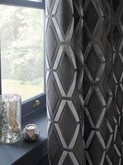 Charcoal Grey Next Collection Luxe Heavyweight Geometric Cut Velvet Pencil Pleat Lined Curtains - Image 3 of 4