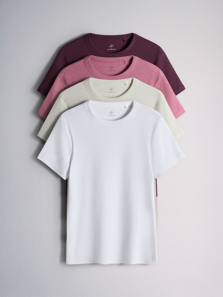 The Set 4 Pack Ribbed Short Sleeve T-Shirts Pink/Burgundy/White/Neutral - Image 1 of 7