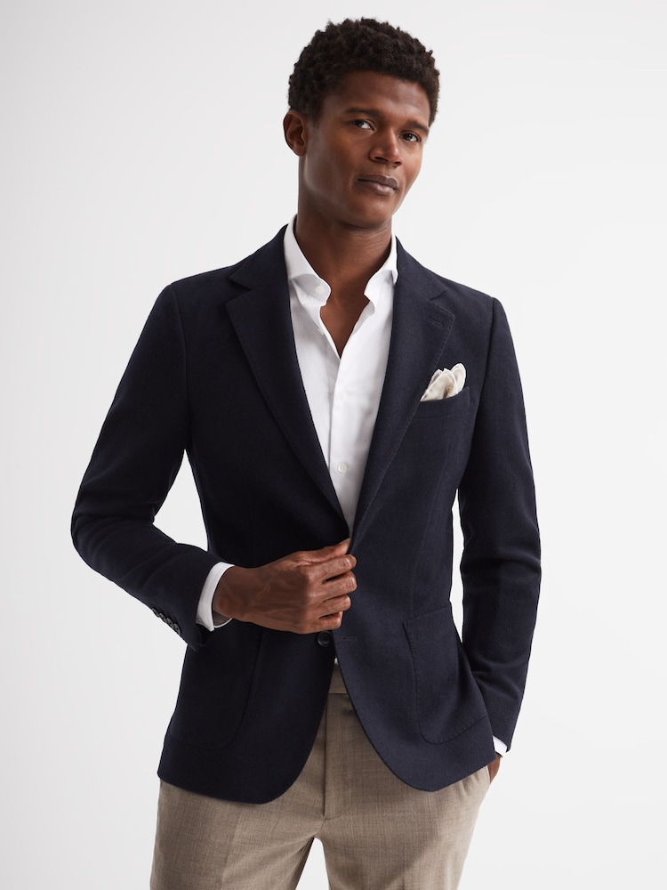 Reiss Navy Select Single Breasted Slim Fit Flannel Blazer - Image 1 of 7 Reiss Navy Select Single Breasted Slim Fit Flannel Blazer - Image 1 of 7