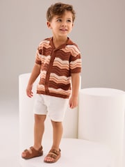Brown/Cream Crochet Pattern 100% Cotton Short Sleeved Polo Shirt (3mths-7yrs) - Image 1 of 8