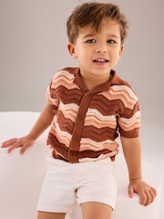 Brown/Cream Crochet Pattern 100% Cotton Short Sleeved Polo Shirt (3mths-7yrs) - Image 2 of 8