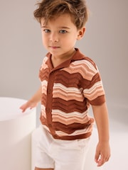 Brown/Cream Crochet Pattern 100% Cotton Short Sleeved Polo Shirt (3mths-7yrs) - Image 3 of 8