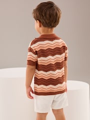 Brown/Cream Crochet Pattern 100% Cotton Short Sleeved Polo Shirt (3mths-7yrs) - Image 4 of 8