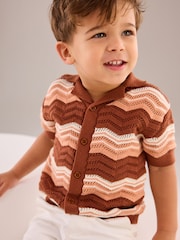 Brown/Cream Crochet Pattern 100% Cotton Short Sleeved Polo Shirt (3mths-7yrs) - Image 5 of 8