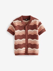 Brown/Cream Crochet Pattern 100% Cotton Short Sleeved Polo Shirt (3mths-7yrs) - Image 6 of 8
