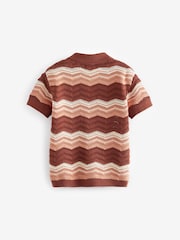 Brown/Cream Crochet Pattern 100% Cotton Short Sleeved Polo Shirt (3mths-7yrs) - Image 7 of 8