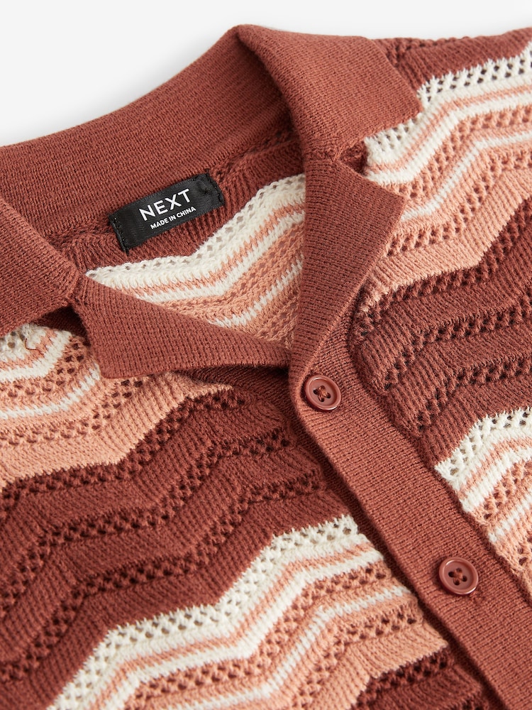 Brown/Cream Crochet Pattern 100% Cotton Short Sleeved Polo Shirt (3mths-7yrs) - Image 8 of 8