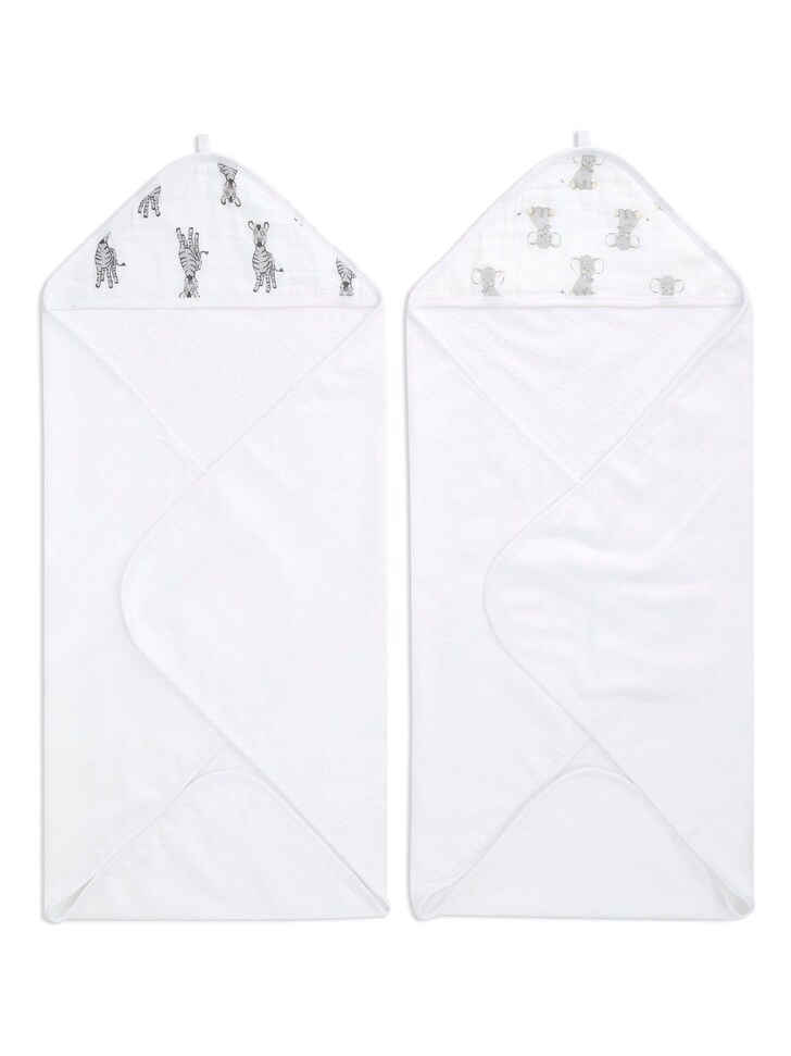 aden + anais White 100% Cotton Essentials Hooded Towel Safari Babes 2 Pack
