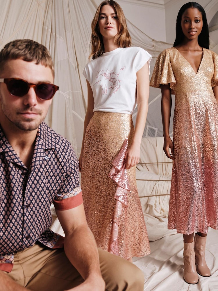 Ted Baker Pink Sequin Midi Dress - Image 1 of 1 Ted Baker Pink Sequin Midi Dress - Image 1 of 1