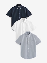 White/Navy/Gingham 100% Cotton Short Sleeve Oxford Shirt 3 Pack - Image 1 of 9