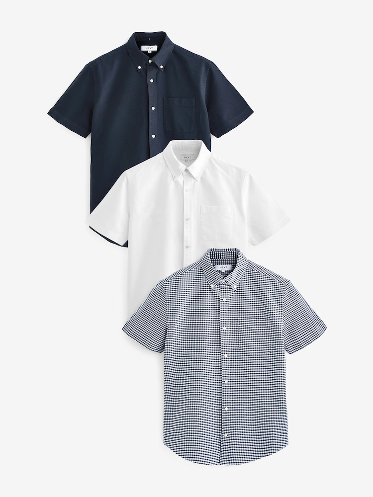 White/Navy/Gingham 100% Cotton Short Sleeve Oxford Shirt 3 Pack - Image 1 of 9