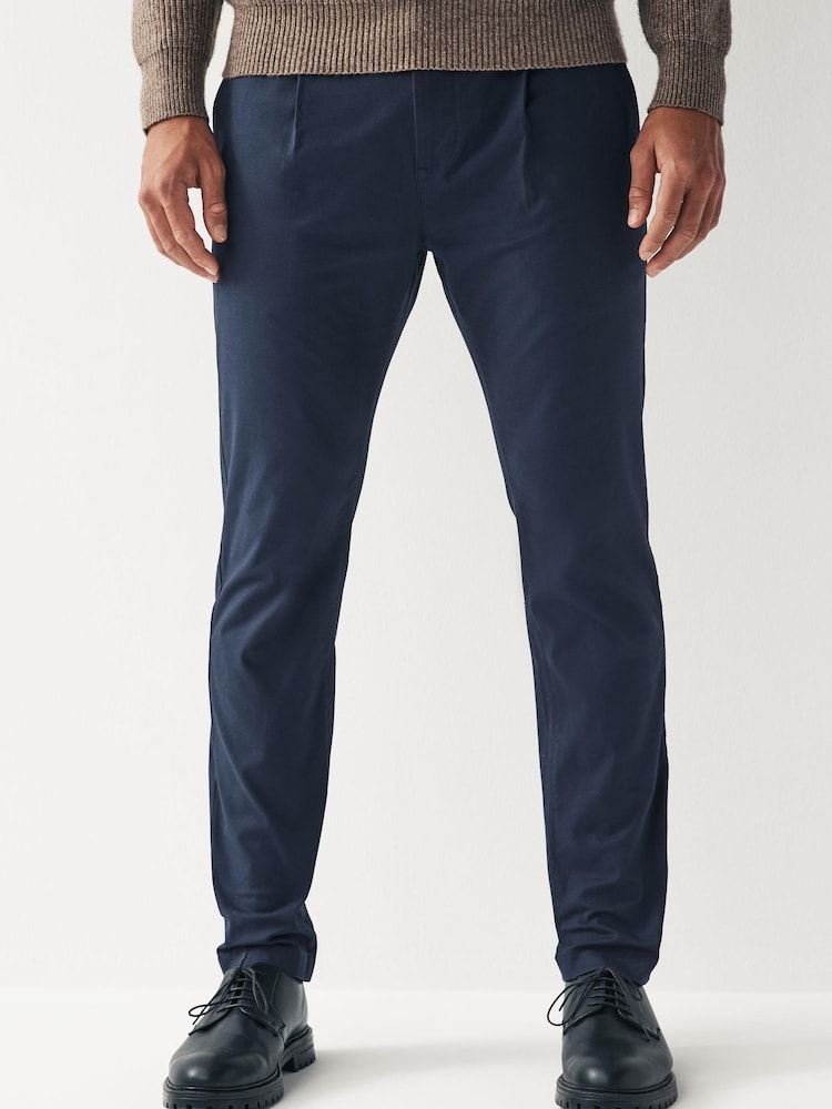 French Navy Blue Slim Single Pleat Stretch Chino Trousers - Image 1 of 5
