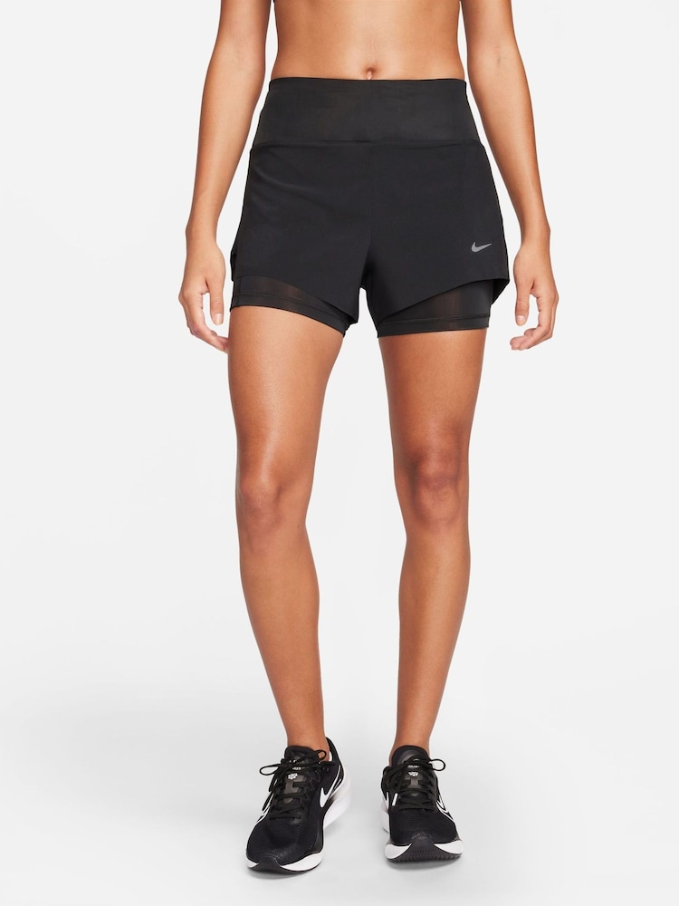 Nike Black Dri FiT Swift Mid Rise 3 Inch 2 in 1 Running Shorts with Pockets - Image 1 of 10