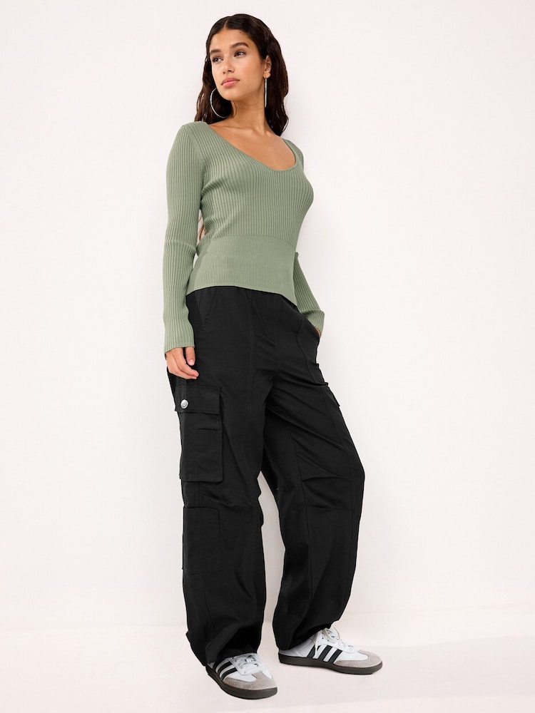 Sage Green Mesh Detail Ribbed Knitted Top - Image 2 of 10 Sage Green Mesh Detail Ribbed Knitted Top - Image 2 of 10