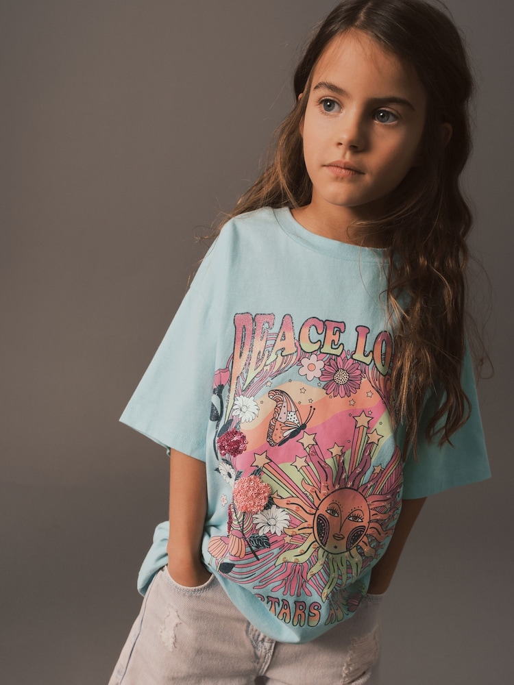 Blue/Pink Oversized Embellished Graphic T-Shirt (3-16yrs) - Image 1 of 6