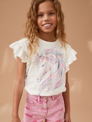 Ecru White 100% Cotton Sequin Unicorn Frill Sleeve T-Shirt (3-16yrs) - Image 1 of 7