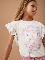 Ecru White 100% Cotton Sequin Unicorn Frill Sleeve T-Shirt (3-16yrs) - Image 3 of 7