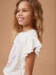 Ecru White 100% Cotton Sequin Unicorn Frill Sleeve T-Shirt (3-16yrs) - Image 4 of 7