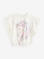 Ecru White 100% Cotton Sequin Unicorn Frill Sleeve T-Shirt (3-16yrs) - Image 5 of 7