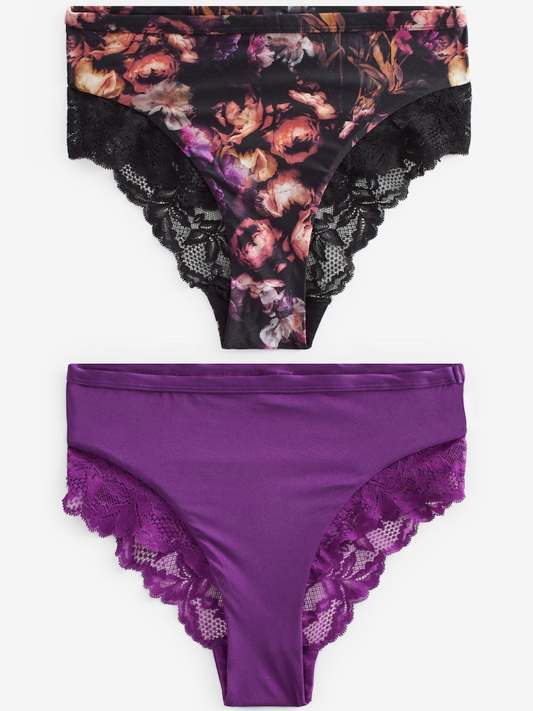 Floral Print/Purple High Rise Lace Trim Knickers 2 Pack - Image 5 of 5