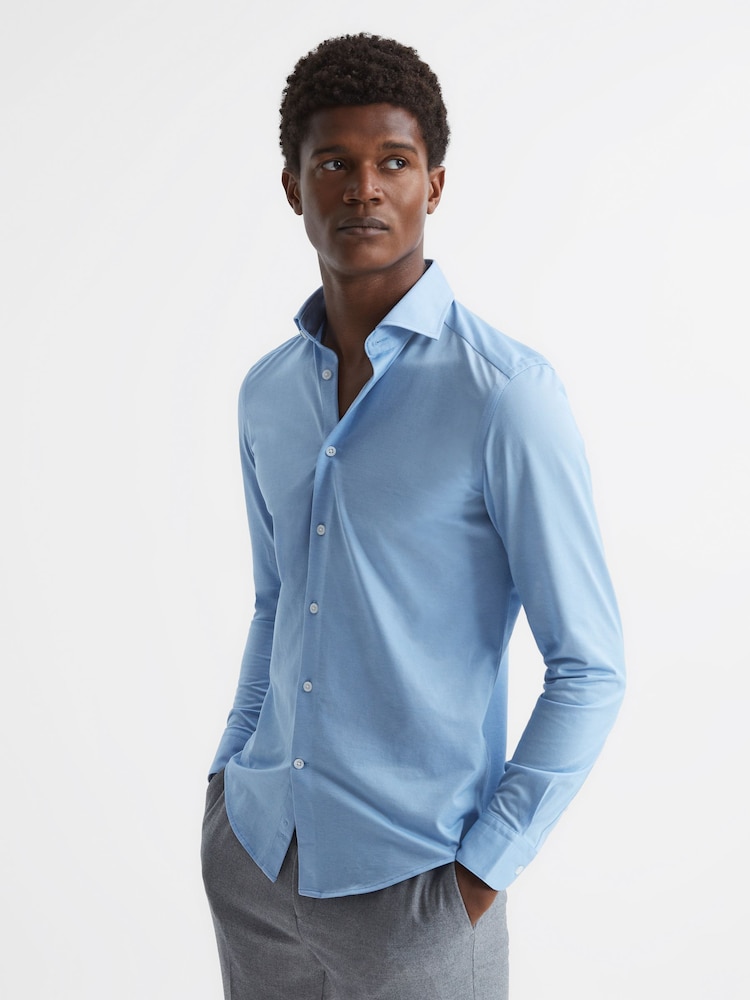 Reiss Soft Blue Nate Cutaway Collar Jersey Slim Fit Shirt - Image 1 of 6
