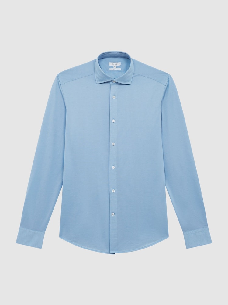 Reiss Soft Blue Nate Cutaway Collar Jersey Slim Fit Shirt - Image 2 of 6 Reiss Soft Blue Nate Cutaway Collar Jersey Slim Fit Shirt - Image 2 of 6