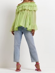 River Island Green Long Sleeve Ruffle Bardot T-Shirt - Image 1 of 4