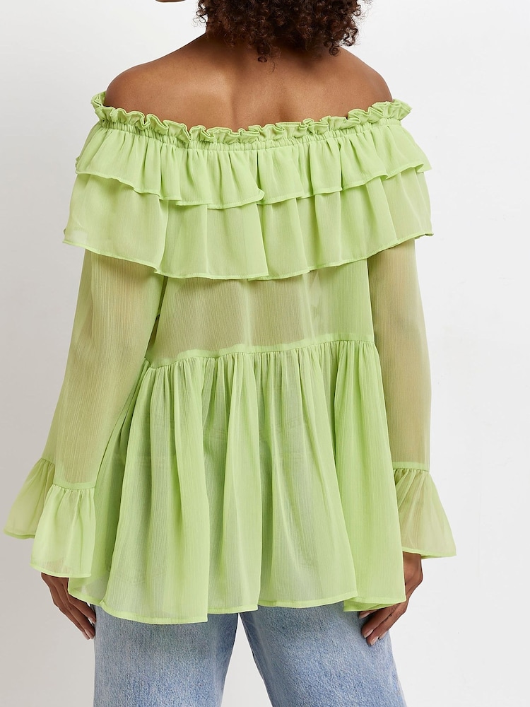 River Island Green Long Sleeve Ruffle Bardot T-Shirt - Image 2 of 4 River Island Green Long Sleeve Ruffle Bardot T-Shirt - Image 2 of 4