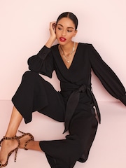 Black Tailored Wide Leg Belted Jumpsuit - Image 3 of 5