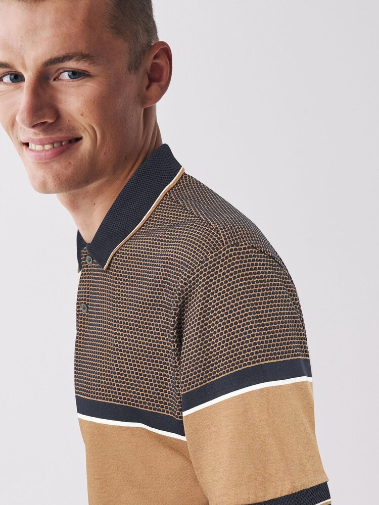 Navy Blue/Tan Brown Blocked Polo Shirt - Image 4 of 6