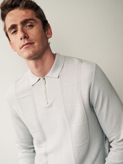 Grey Regular Textured Long Sleeve Knitted Zip Polo - Image 1 of 7