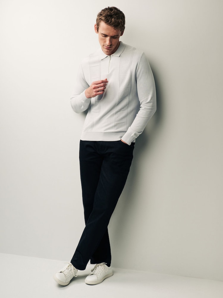 Grey Regular Textured Long Sleeve Knitted Zip Polo - Image 2 of 7