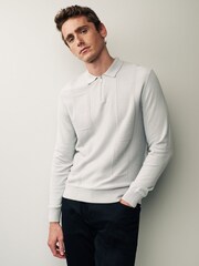 Grey Regular Textured Long Sleeve Knitted Zip Polo - Image 3 of 7
