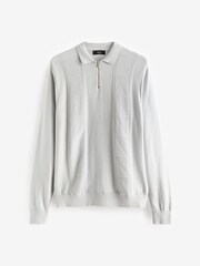Grey Regular Textured Long Sleeve Knitted Zip Polo - Image 6 of 7