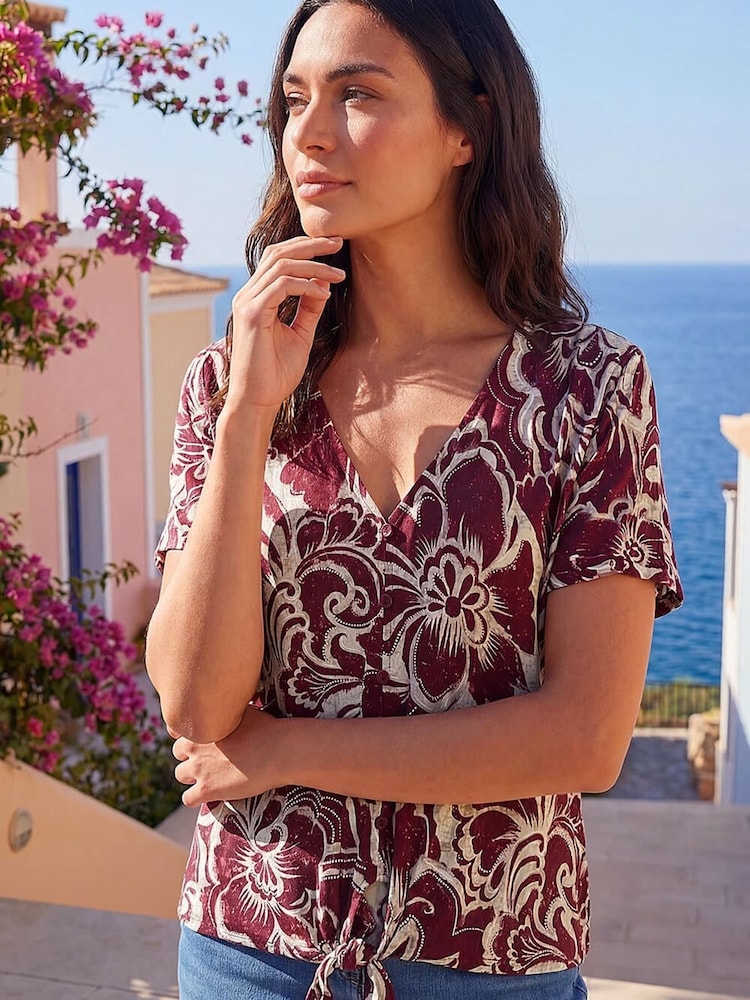 Roman Red Floral Print Tie Front V-Neck Top - Image 2 of 4